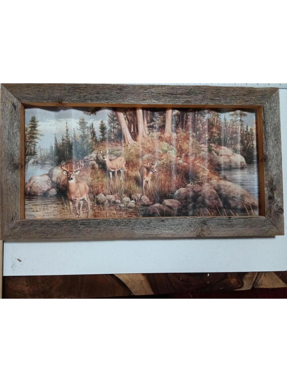 Rustic Deer Scene Wall Art with Corrugated Metal Backing 22X11"